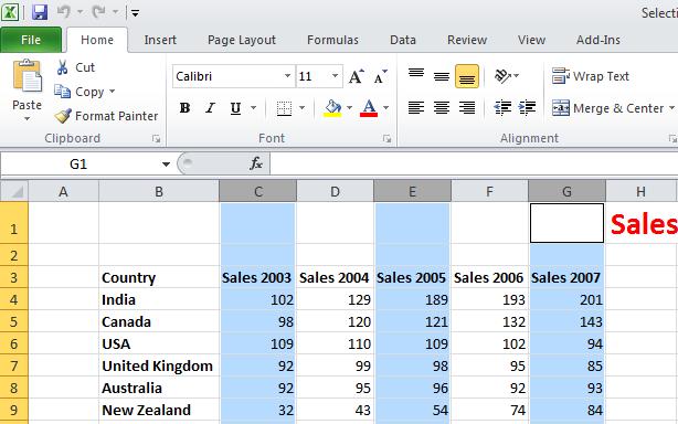 Excel 2010 Foundation Page 34 Selecting a range of non-connecting columns To select the columns relating to 2003, 2005 and 2007, first select the column C. Press the Ctrl key and keep it pressed.