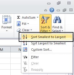 From the drop down list displayed, click on the Sort Smallest to