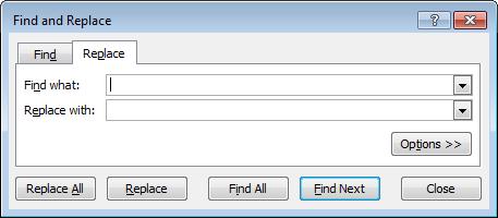 This will display the Find and Replace dialog box, as illustrated. Within the Find what section of the dialog box, enter the word 'Blue'.