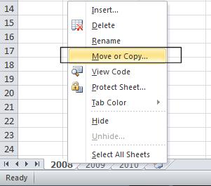 Right click on the tab and from the popup menu displayed select the Move or Copy command. The Move or Copy dialog box is displayed.