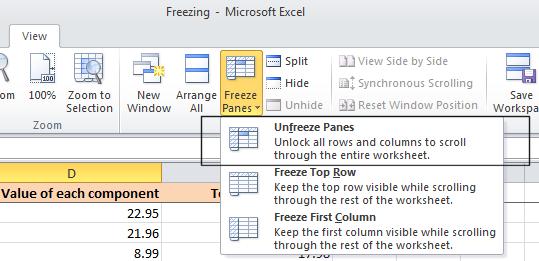 Excel 2010 Foundation Page 92 To unfreeze the top row, click on the View tab and from within the Window group on