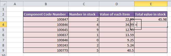 To do this we need to multiply the contents of cell C3 by the content of cell D3. All formulas within Excel start with the 'equals' symbol. Type in the following formula.