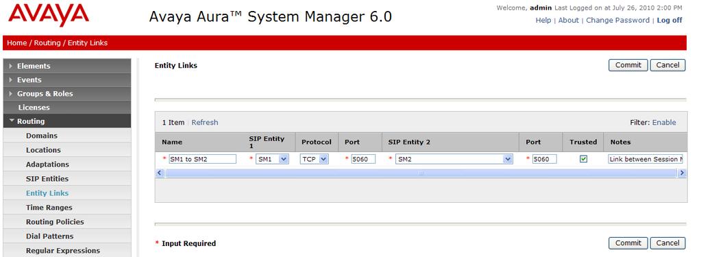 4.5. Define Entity Link between Avaya Aura Session Managers To support failover if the Entity Link between Communication Manager and the primary Session Manager is not available, define an Entity