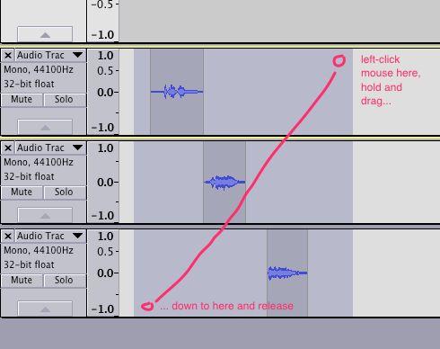 Step 4: Partial Mixdown After dubbing about 4 or five tracks Audacity can look a little busy vertically: we can apply a partial mixdown to combine the three tracks into a single track Highlight the