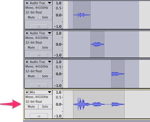 This will create another track immediately below with the audio of all of the selected tracks above mixed down to a single track: Delete the three separate tracks (by using the x in the corner), and