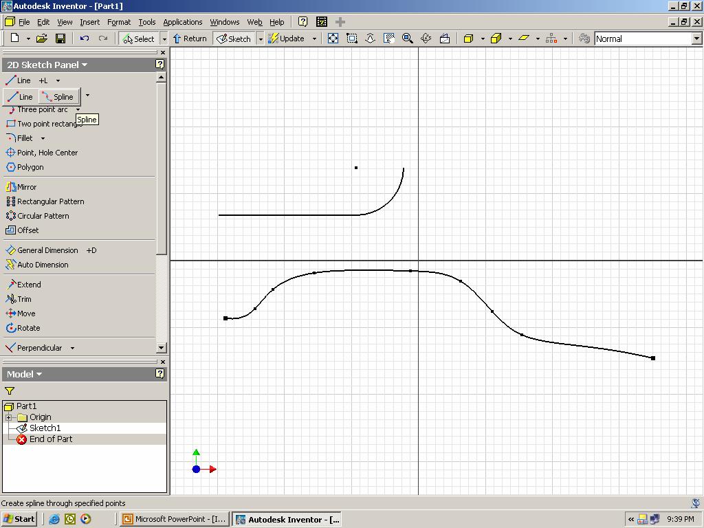 Design Alternative: You can also sketch with splines. Splines are free-formed curves. To use the Spline command, (L) click on the down arrow beside the Line command then (L) click on Spline.