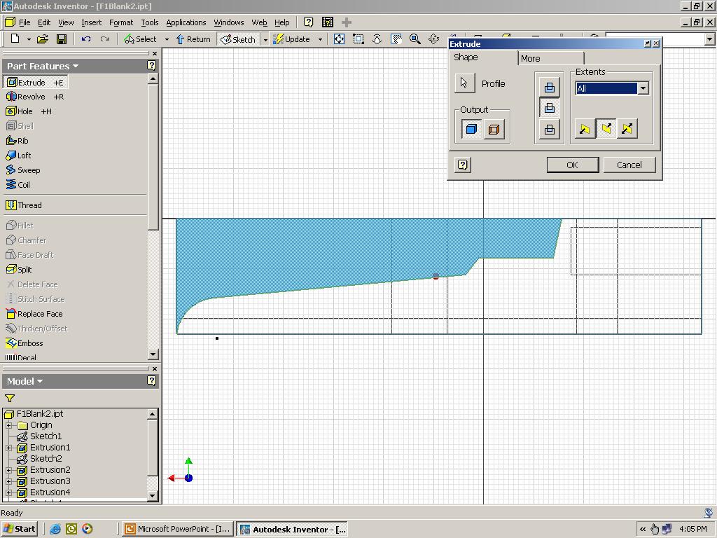 Step 23. Switch to the Part Features command panel. (L) click on Extrude and (L) click again on the profile shown in blue below. (L) click on the Cut button and set the distance under Extents to All.