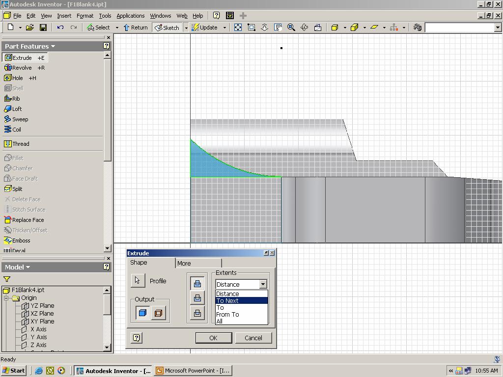 Step 32. Switch from the 2D Sketch Panel to the Part Features panel and select Extrude.