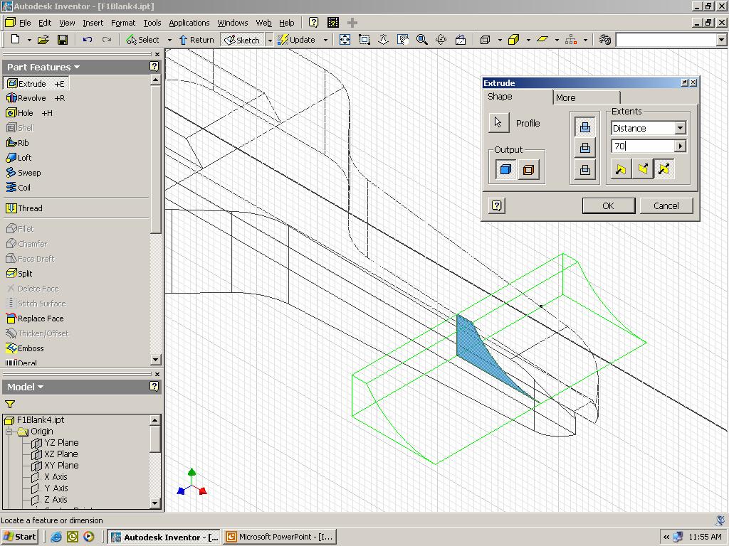 Step 38. Rotate the display to an isometric view. Switch from the 2D Sketch Panel to the Part Features panel and select Extrude. (L) click on the Profile highlighted in blue below.