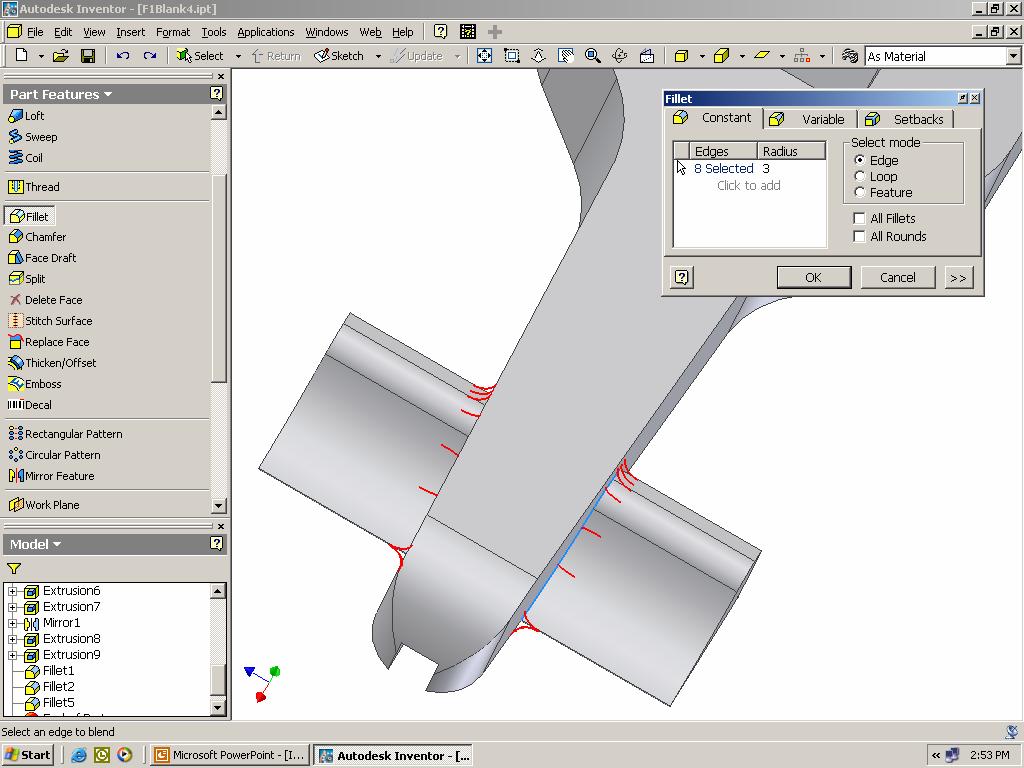 Step 48. Select the Fillet command, set the radius to 3 and select the 2 edges shown below.