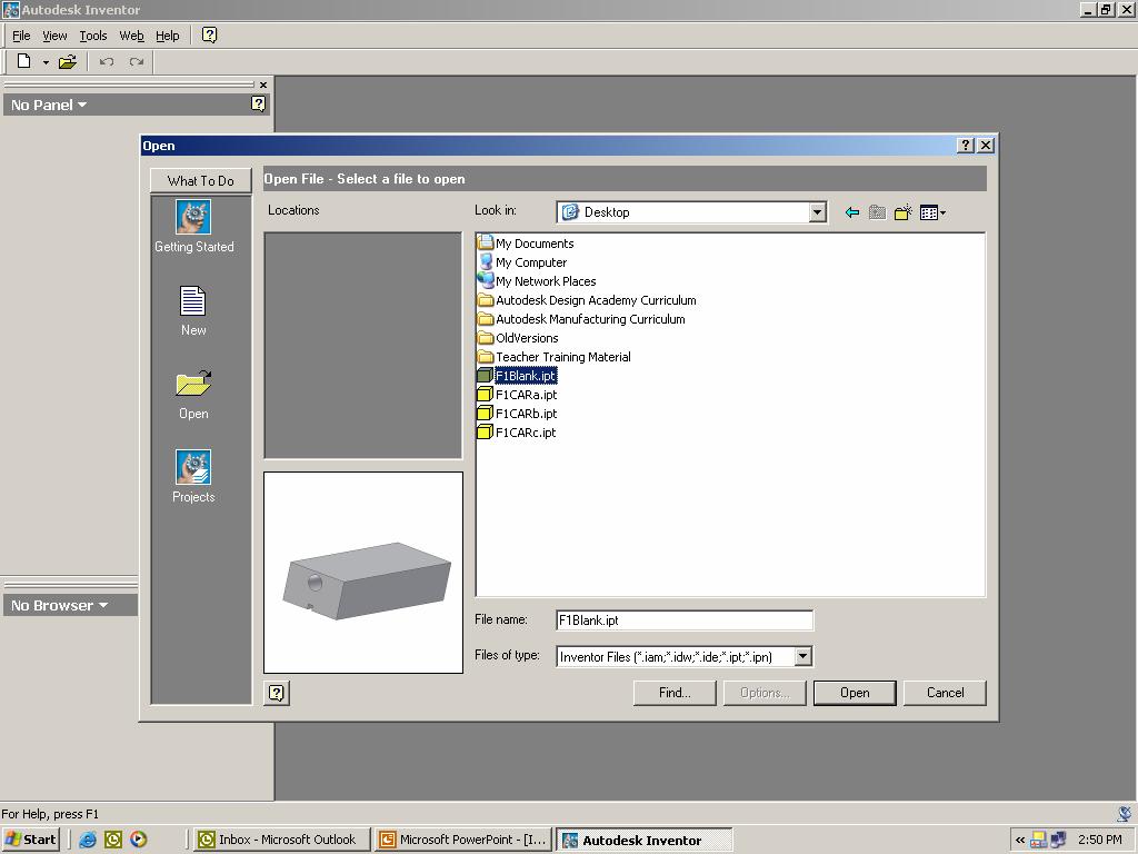 Step 1. Launch Autodesk Inventor by double (L) clicking the Inventor Icon on the Windows desktop. Step 2. (L) click on Open.