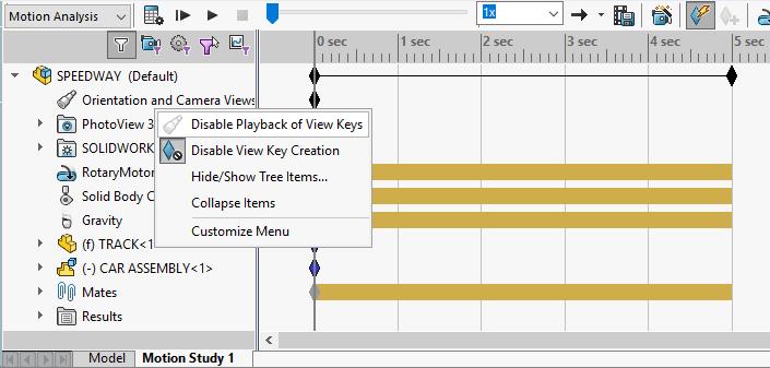I. Disable Playback View Keys. Step 1. Right click Orientation and Camera Views in the Motion Manager design tree and click Disable Playback of View Keys, Fig. 22.