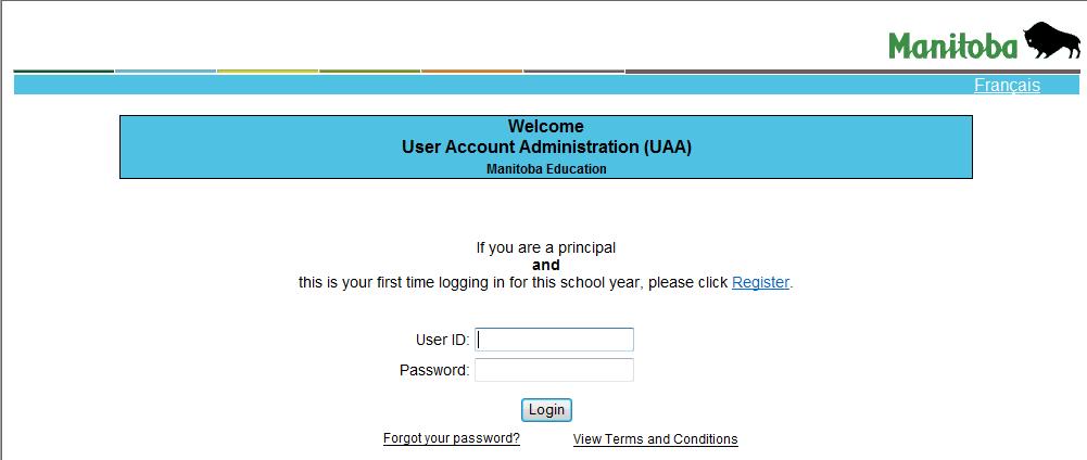 Before the user ID you will see the phrase: If you are a principal and this is your first time logging in for this school year, please click Register.