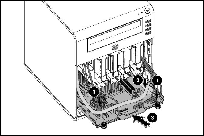 Pull out the system tray. 4. Place the power cable under the tray handle in the server. Put the power cable and fan cable together inside the left cable clamp of the 5.