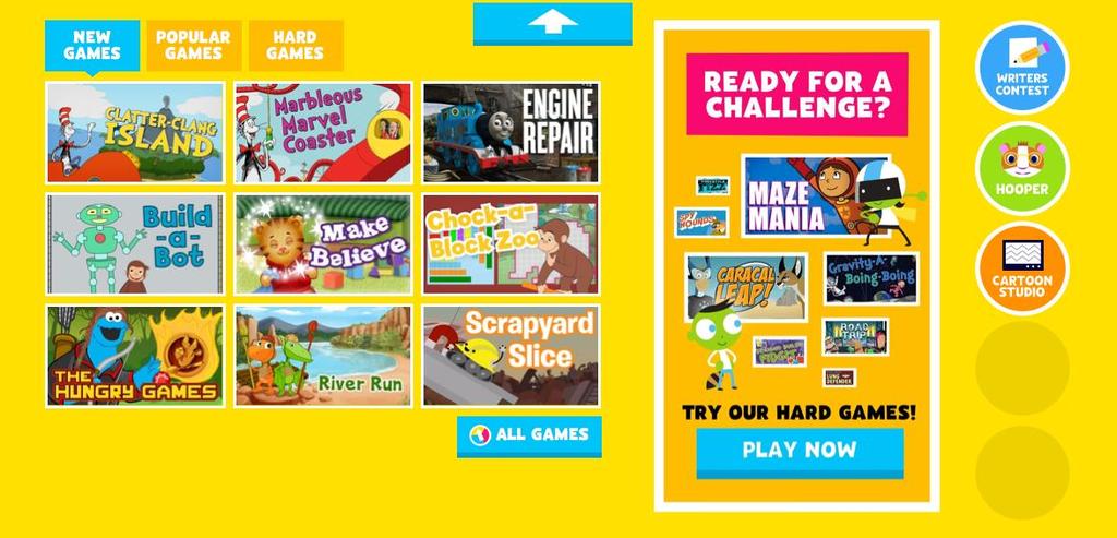 Videos and Games. The home page also introduces the user to some creative interactive navigation, such as a rotating wheel (see image below) of all the PBS children s programs.