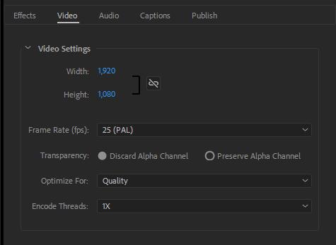 Video Settings Tab Width and Height specify the horizontal and vertical pixel count to render to.