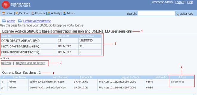 ADMINISTRATOR S GUIDE > ADMINISTRATIVE TASKS Administering Licenses As Administrator you can view the status of all user sessions.