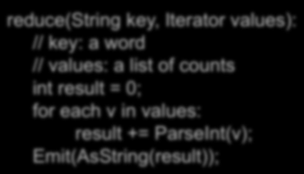 document contents for each word w in value: EmitIntermediate(w, 1 ); reduce(string key, Iterator values): // key: a