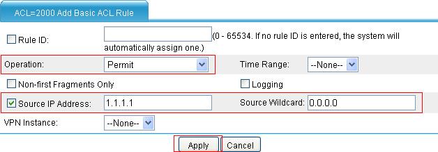 Figure 20 Configure rules for ACL 2000 Select Permit from the Operation drop-down list. Select the Source IP Address option, type 1.1.1.1 as the source IP address, and 0.0.0.0 as the source wildcard.