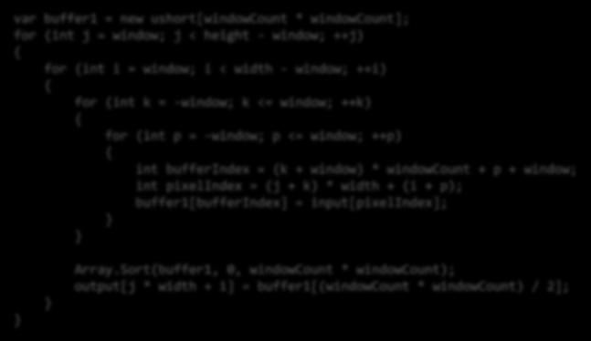 1. Enable Parallelization Remove loop side-effects var buffer1 = new ushort[windowcount * windowcount]; for (int j = window; j < height - window; ++j) for (int i = window; i < width - window; ++i)