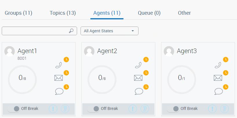 Real time information You can: - Search for an agent or work state. - View agent work states and break information. You can also force an agent to take a break or sign out.