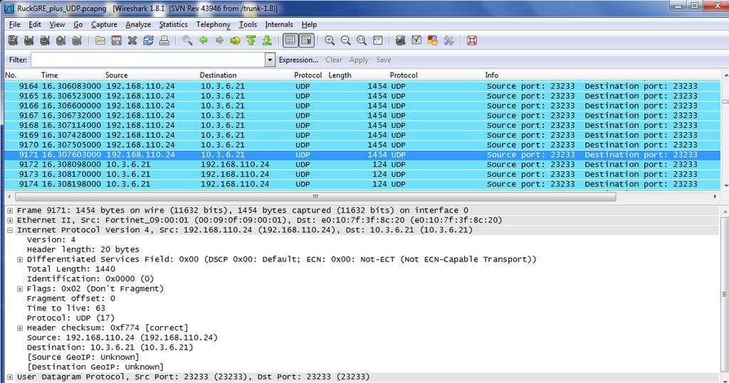Appendix A: Examples of traffic captures Ruckus GRE with UDP Below is an example of a Wireshark traffic capture performed on the Ethernet port connected to a Ruckus AP.