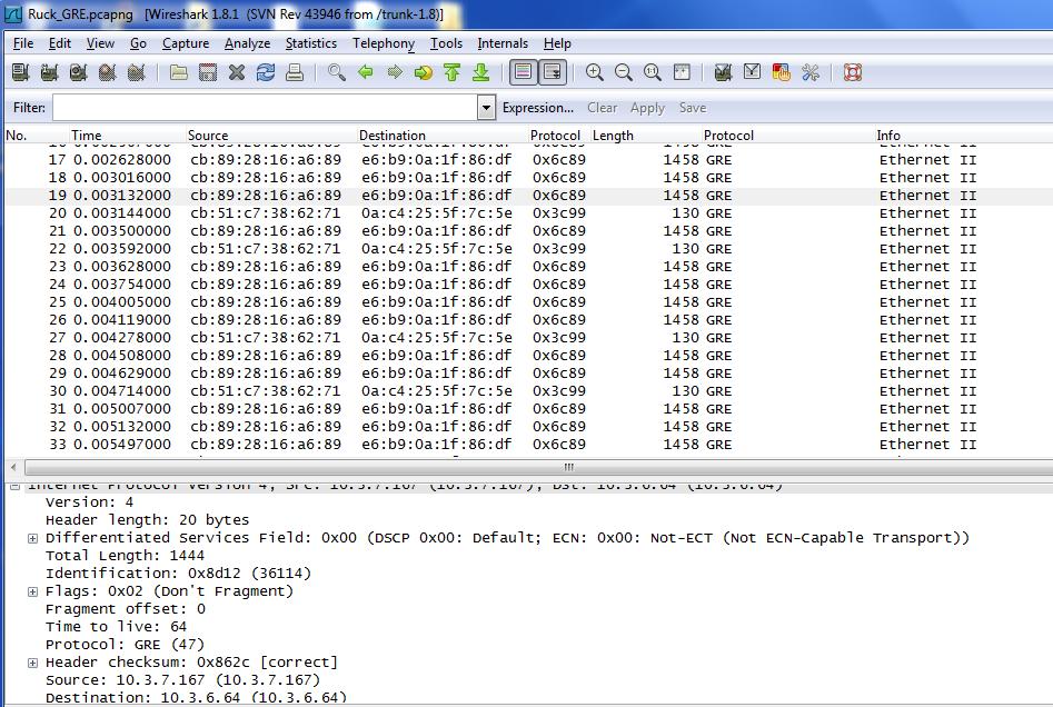 Ruckus GRE Below is an example of a Wireshark traffic capture performed on the Ethernet port connected to a Ruckus AP. In this example data is encapsulated using Ruckus GRE protocol option.