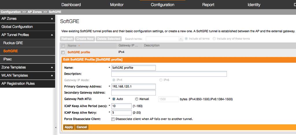 Configure primary and secondary Gateway addresses or FQDN Note: Soft-GRE tunnels have to be terminated on 3 rd -party gateway with Soft-GRE termination support e.g. ALU 7750 4.