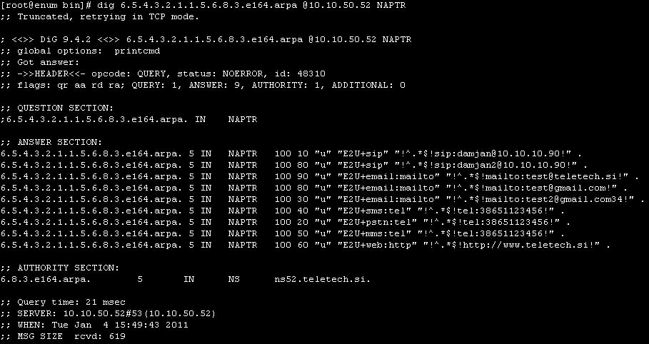 3: Primer testne ENUM DNS poizvedbe iz Linux ukazne vrstice Meritve časa trajanja poizvedb