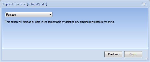 Select Replace from the drop-down box to replace the products, sites, and demand data already in the model (which is blank) with the data in the Excel