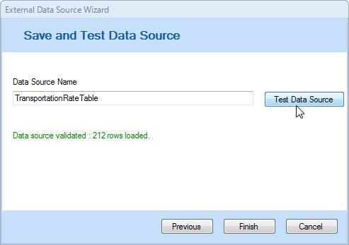 Part 4: Adding Costs and Working With Scenarios 10. Keep the Data Source Name specified as TransportationRateTable, and click Test Data Source. 11. Confirm that 212 rows were loaded. 12.