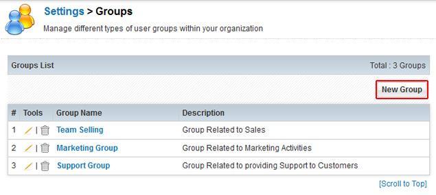 19 Second CRM Getting Started 2013 Groups Groups are a very effective tool in order to summarize users and privileges as explained in section: Definition of Groups.
