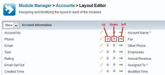 29 Second CRM Getting Started 2013 Re-arrange fields You can re-arrange fields within a block using the [arrows] provided for
