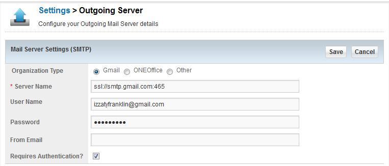 Setup Outgoing Mail Server After you have clicked [Outgoing Server] module, the screen will appears like below where you can enter all information needed to set up outgoing mail server.