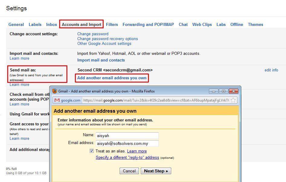 36 Second CRM Getting Started 2013 Google Settings for multiple from email ids For Gmail, if user wants to send out emails from respective user id s make sure following Gmail settings are
