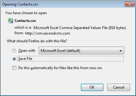 51 Second CRM Getting Started 2013 Figure 57. Export Contacts If you click [OK], all data will be exported to your computer.