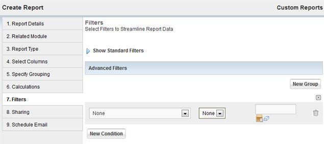 58 Second CRM Getting Started 2013 7. Filters You can specify the conditions to filter the results in a report, either in Standard filters or Advance Filters.