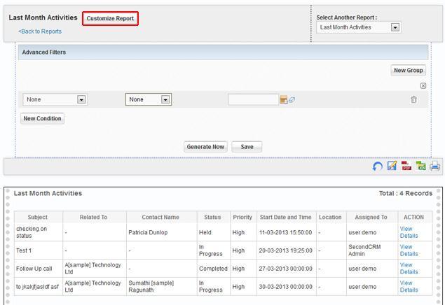 60 Second CRM Getting Started 2013 Edit Reports To change an existing report, click the [Report Name]. A new window will open which list the selected report and allow customizing it.
