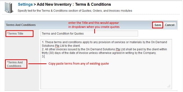 Click [Settings] module and go to [Other Settings] which is located at the very bottom part of page. You will see [Inventory: Terms and Conditions] section. Figure 83.