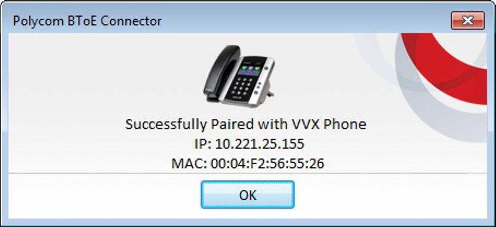 If the phone is registered before pairing, the following dialog box displays the phone registration instead of the IP and MAC addresses. 7.