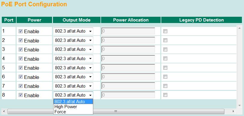 Sum of measured power Setting Measured power Description This item shows the total measured power of PDs PoE Port Configuration Power Checked Allows data and power transmission through the port