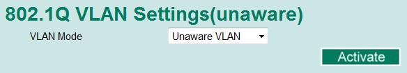 Unaware VLAN Settings The Unaware VLAN function provides users a flexible operation in a VLAN network. Switches which are set on Unaware VLAN mode do not check the VLAN tags of input Ethernet frame.