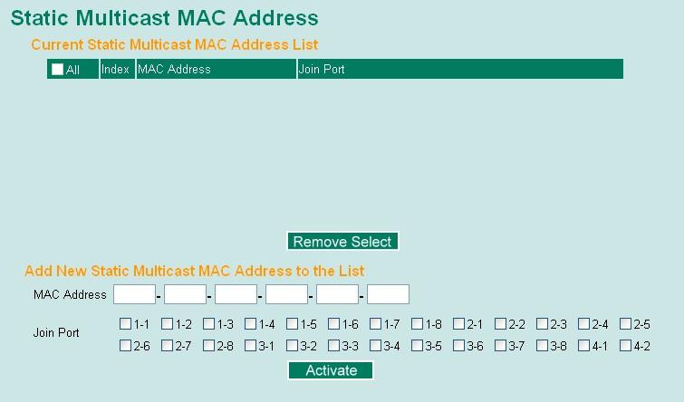 Static Multicast MAC Addresses Layer 2 switch page Layer 3 switch page NOTE: 01:00:5E:XX:XX:XX on this page is the IP multicast MAC