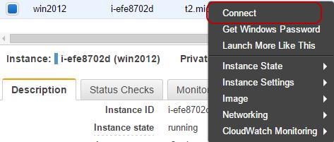 1. In EC2 instance list, right click the new Windows instance, and select Connect. 2.