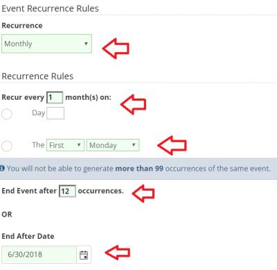 If you are setting up a WEEKLY recurring event, it would look something like this: If you select "MONTHLY" for your recurrence rules, it would look something like this: If you select "CUSTOM"