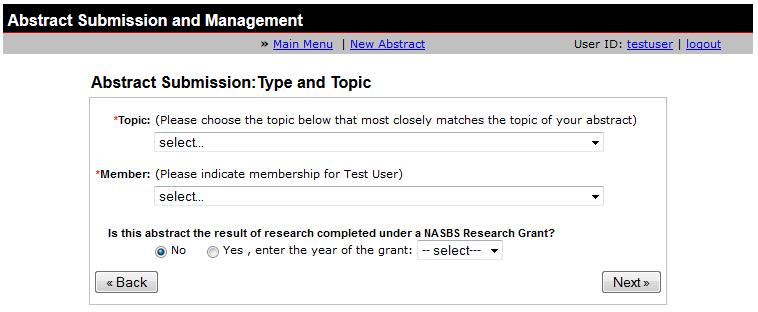 Part 5 Submitting a New Abstract Step 3 Type and Topic Use the Topic pull-down menu to select the topic that most closely matches the topic of this abstract.