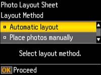 8. If you see the screen above, do one of the following: To allow your product to place photos in the layout automatically, select Automatic layout and press the OK button.