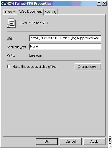 Chapter 2 Detailed Co-residency Installation Procedures Figure 2-11 CWNCM Telnet-SSH Properties Window i. Modify the URL to https://<ip.address>:9443/login.jsp?direct=telnet and click the OK button.
