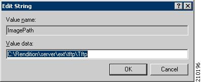 The Edit String window appears. f. Enter <NCM installation path>\rendition\server\ext\tftp\tftpdroot in the Value data field. See Figure 2-4. Figure 2-4 Edit String Window Step 3 g.