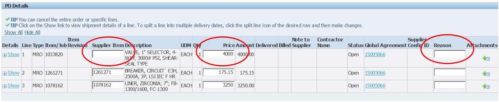 information in the Supplier Item, and Price (on non-catalog items only).